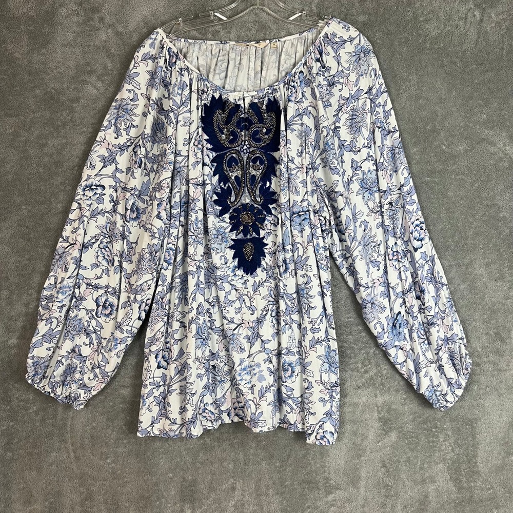 Soft Surroundings Peasant Blouse Womens 2X Paisley Embroidered Beaded Boho